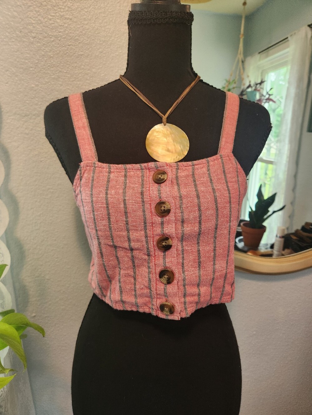 American Eagle Outfitters Pink Striped Button-Front Cropped Tank